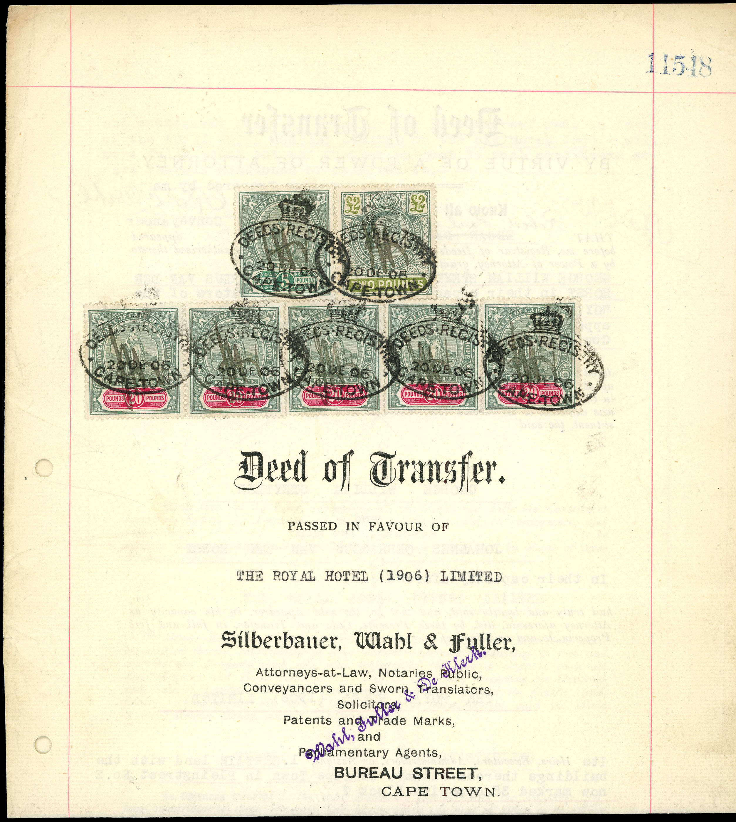 1906 (20 Dec) complete Land Transfer document bearing...