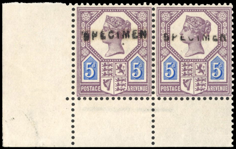 GB 1887-92 5d dull purple and blue, Die I, optd ‘SPECIMEN’ Type 12, SG 207s var