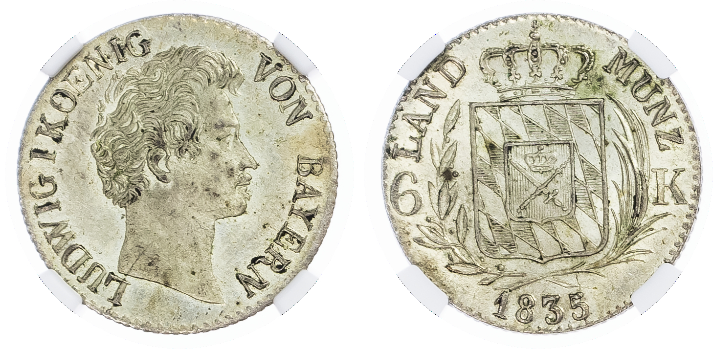 Germany, States, Bavaria. Louis I Bi 6 Kreuzer. 1835. 