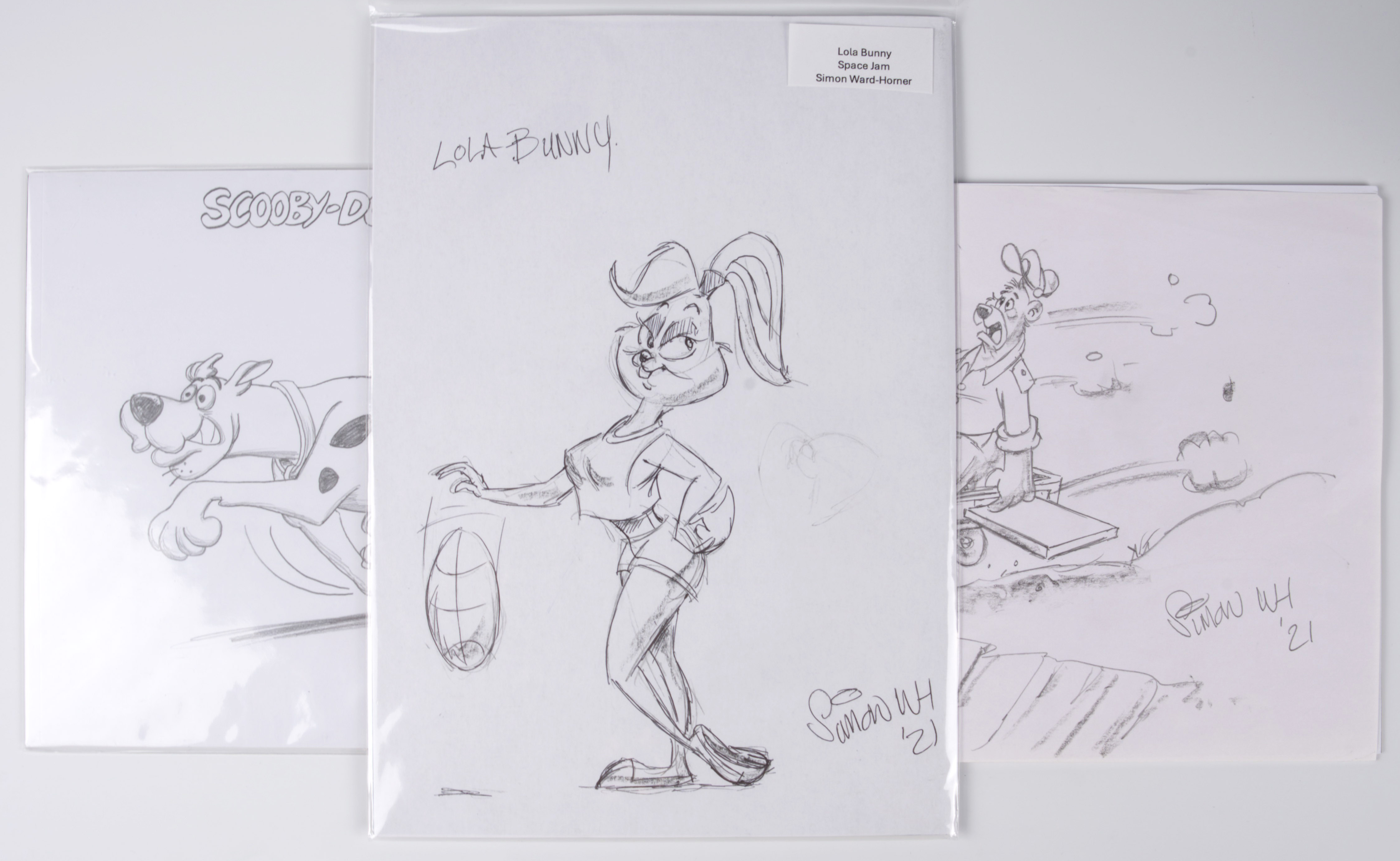 Armando Carrillo Scooby Doo Original Pencil Sketch And Simon Ward-Horner Space Jams Lola Bunny And Tale Spin Pencil Sketch