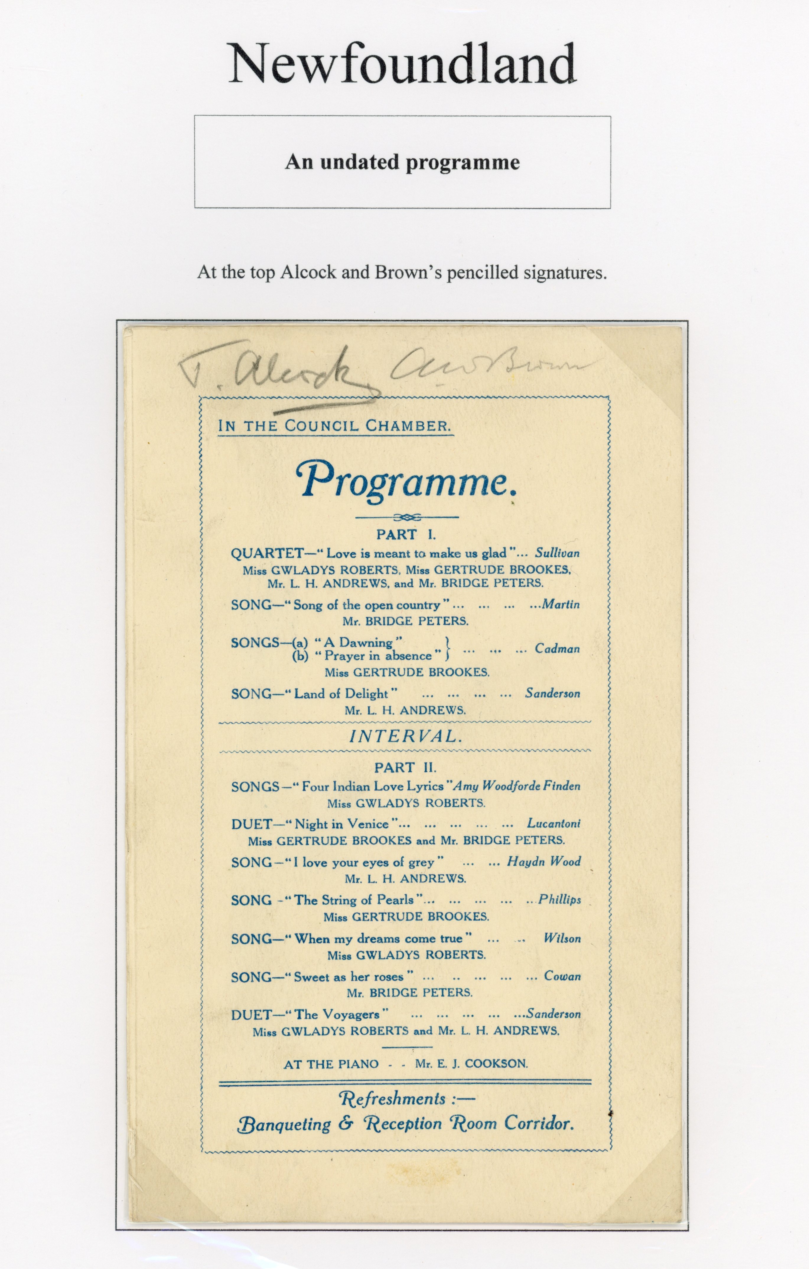 Newfoundland c.1919 Music programmed signed by J. Alcock and A. Brown (pilots)
