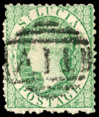 St Lucia 1863 (6d) emerald-green, used, misplaced double lined ‘W’ marginal watermark, SG 8var