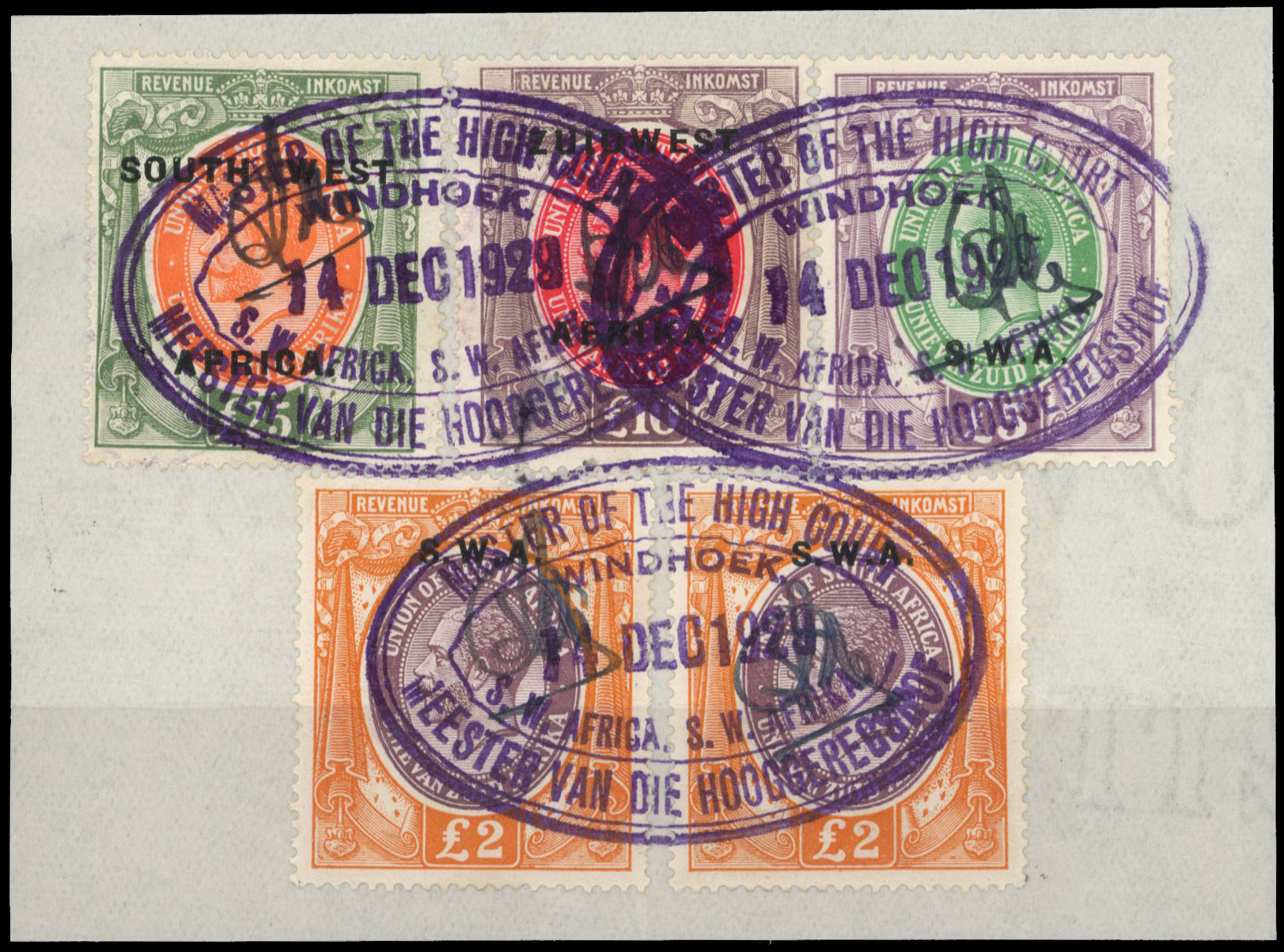 South West Africa Revenues. 1928-9 part documents including mixed frankings