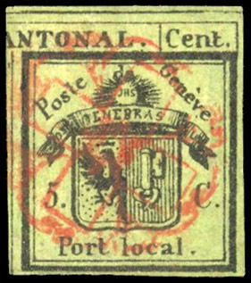 Switzerland 1843 Geneva 5c+5c on yellow-green, right half-stamp used, SG G2