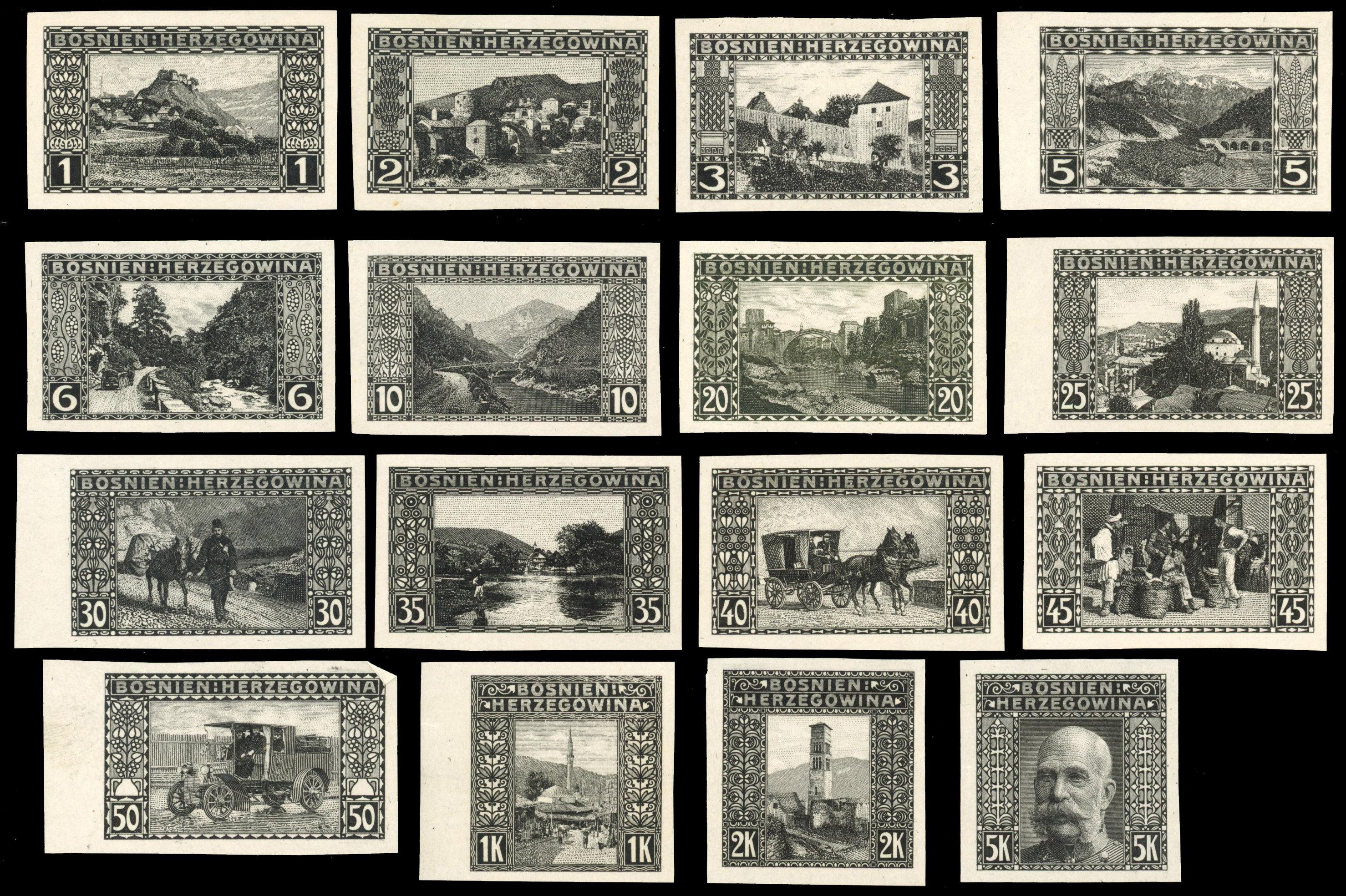 Bosnia Herzegovina 1906 Views set of 16 imperf black prints unused SG 186A-201A,var