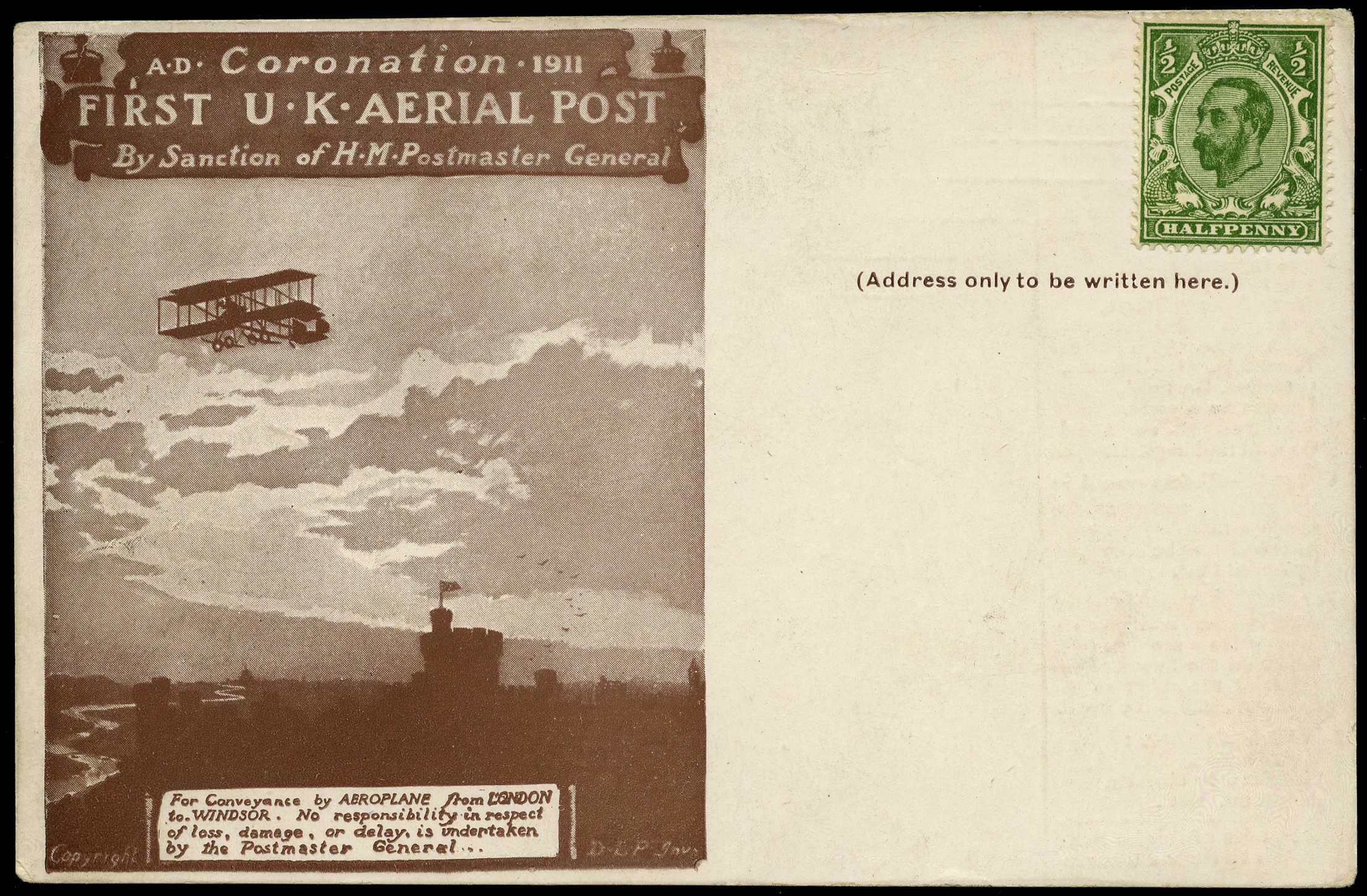 1911 FIRST U.K. AERIAL POST: Postcard in...