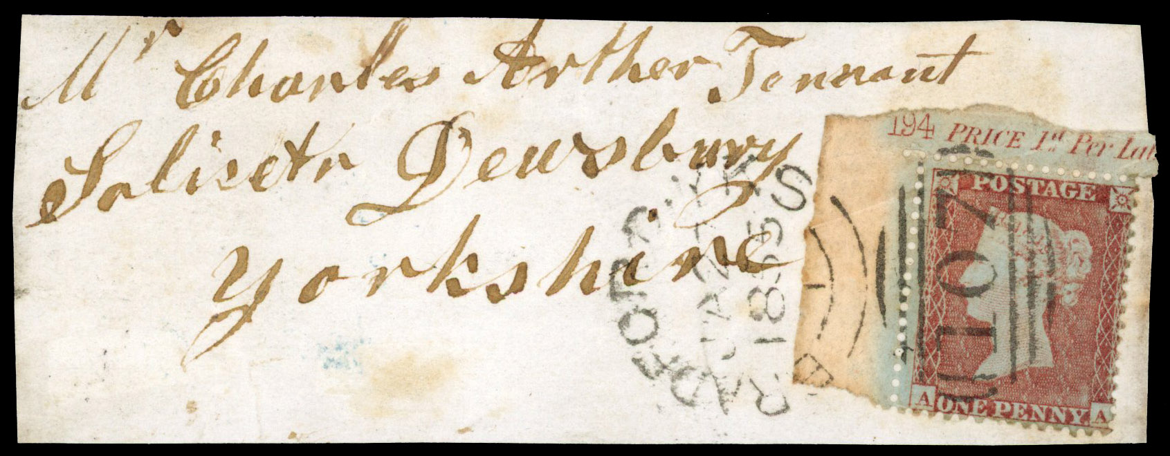 1855 1d Red-brown Pl.194. (SG22) corner example on piece.