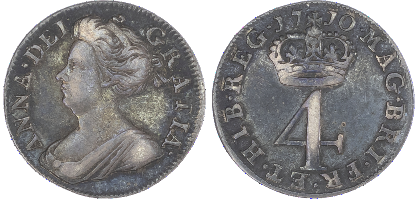 Anne (1702-14), Fourpences, 1708, 1710; Threepence, 1708; Twopences, 1708, 1713; Penny, 1709 (S.3595A; 3596B; S.3597A;