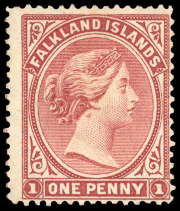 Falkland Islands 1882 1d dull claret wmk inverted and reversed with neck blemish