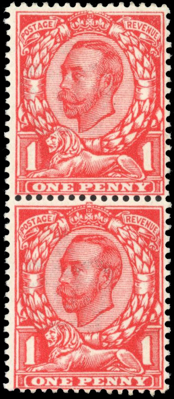 GB: 1912 wmk Crown, Die 2, 1d aniline scarlet, mint unmounted og vertical pair, top stamp showing ‘NO CROSS ON CROWN’ variety