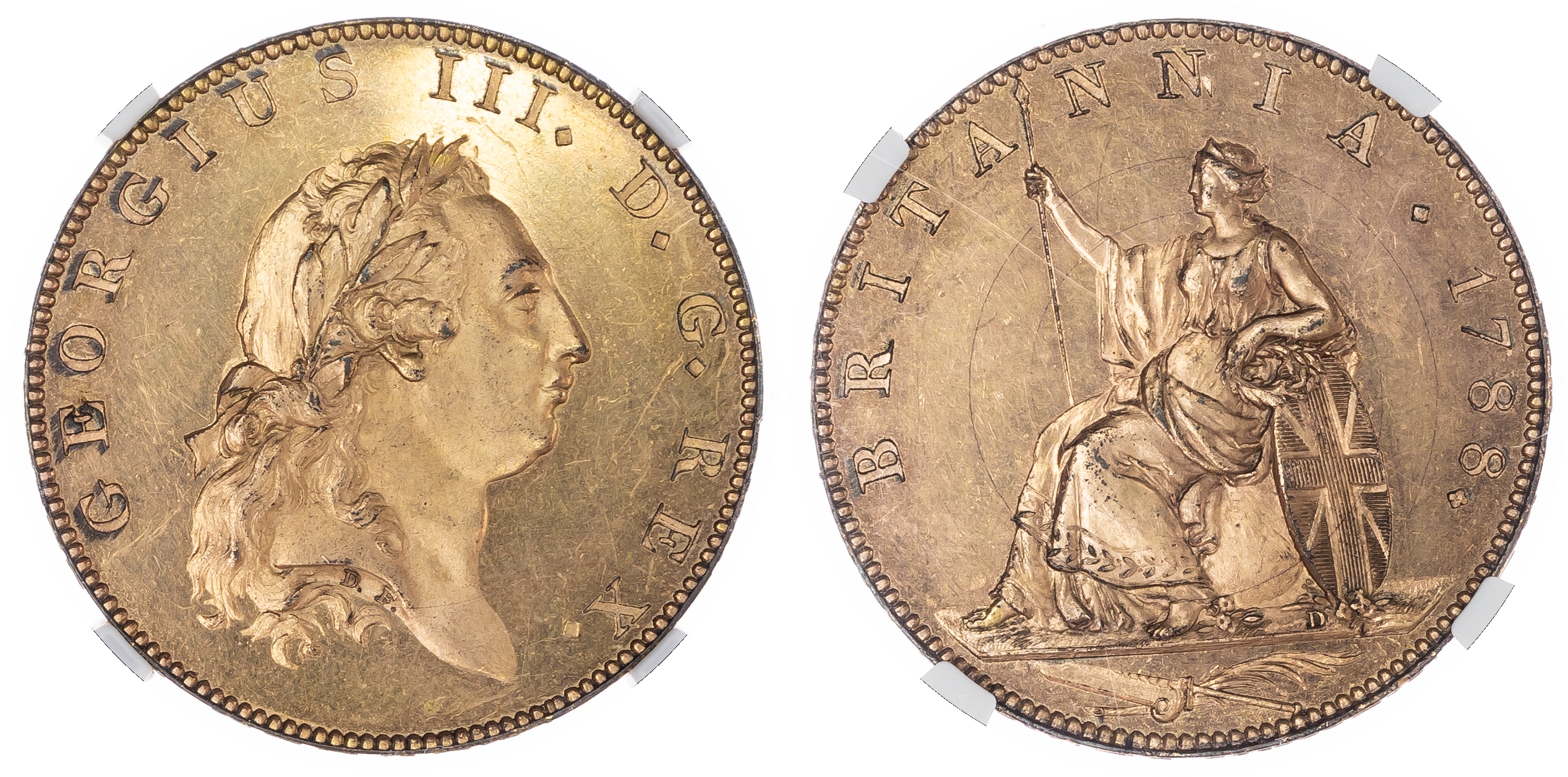 George III (1760‑1820), Pattern Halfpenny, 1788 by Droz, struck in gilt copper, late Soho, laureate head right, reverse
