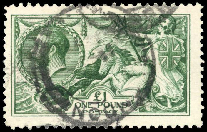 1913 £1 blue-green, cancelled by two London cds,