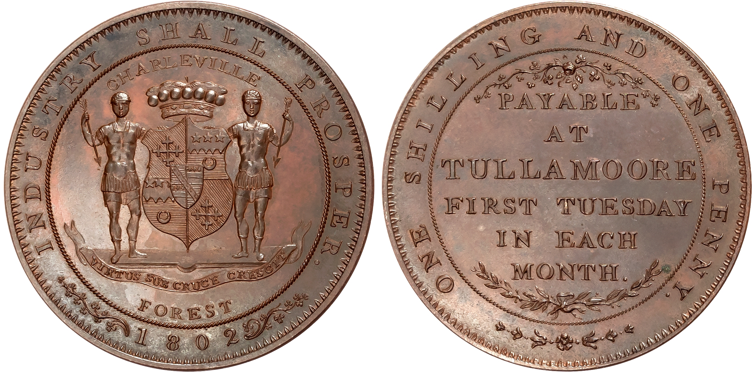 Kings Co. Tullamoore, Charles Bury, viscount Charleville (estate owner) Thirteen Pence 1802, Arms and supporters of Char …