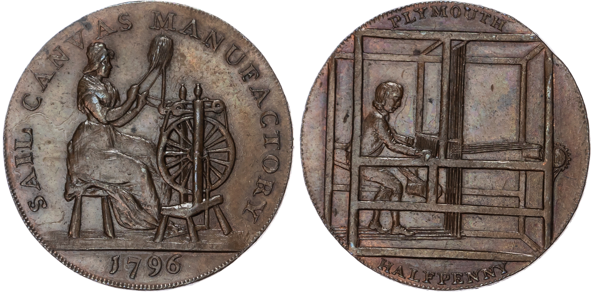 Dev. Plymouth , Shepheard, Dove, Hammett & Co. (Flax & hemp weavers) Halfpenny 1796, Woman spinning yarn, rev …