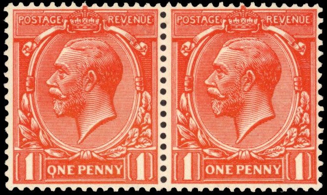 GB: 1912-24 1d deep scarlet, mint pair with ‘Q’ for ‘O’ (control T22, R 4/11)