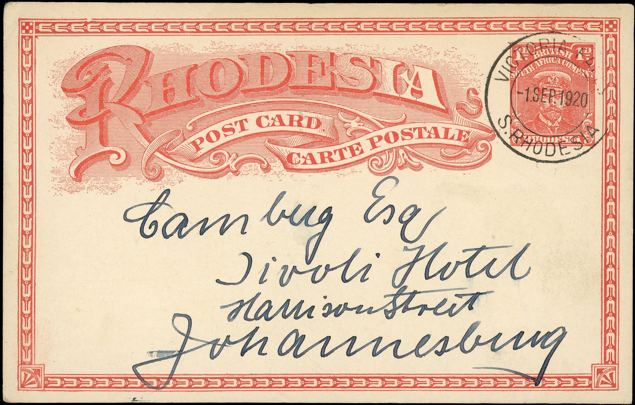 1920 1d red "Admiral" post card used from Victoria Falls to Johannesburg