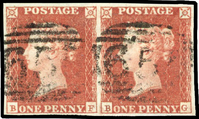 1841 1d Red-brown Pl.100. (Wmk. Inverted) Used good to large four margin horizontal pair