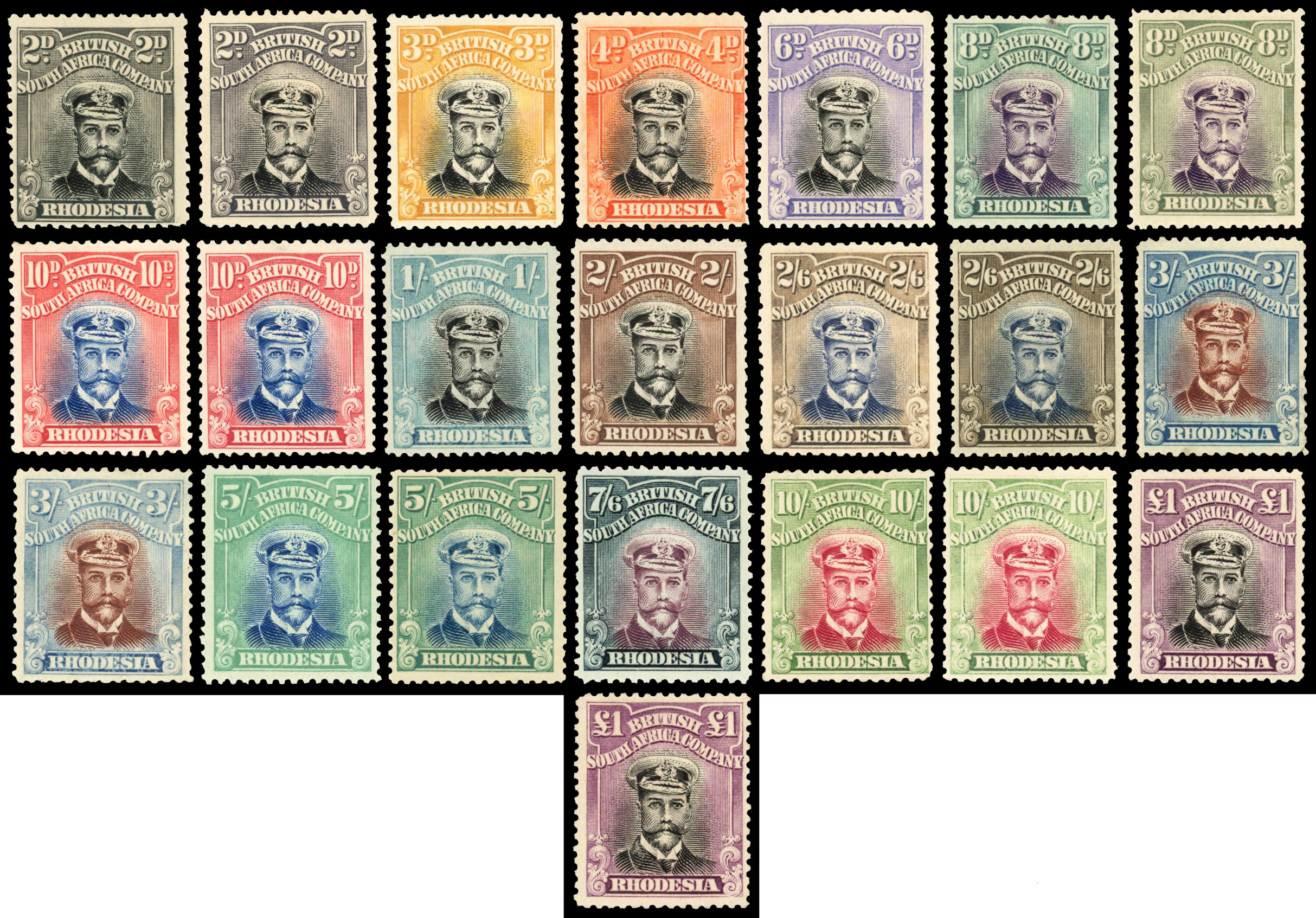 Rhodesia 1922-24 2d to £1 die IIIB perf 14