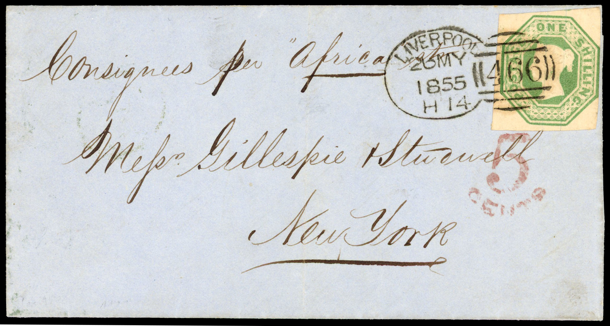 1855 entire to new York with 1s embossed (3 margins) tied by fine Liverpool spoon mark with “5 CENTS” to pay handstamp