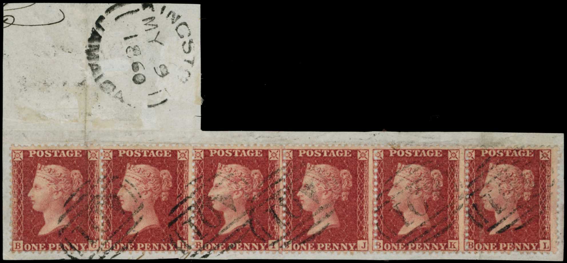 1860 1d rose-red horizontal strip of six...
