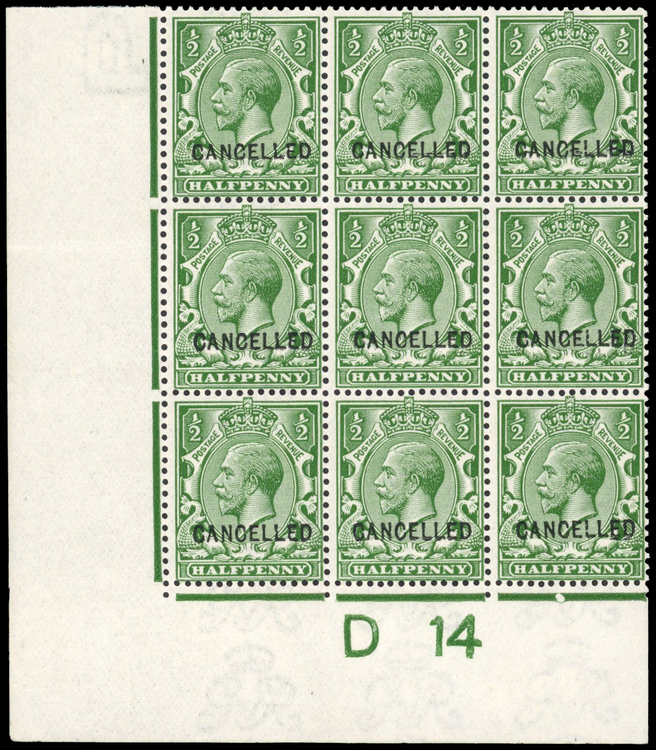 GB SG 351 1913 ½d Control block Cancelled