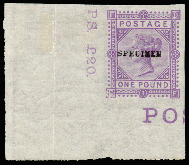 Great Britain 1878 £1 Colour trial. Very fine unused bottom left hand corner marginal imperforate example lettered…