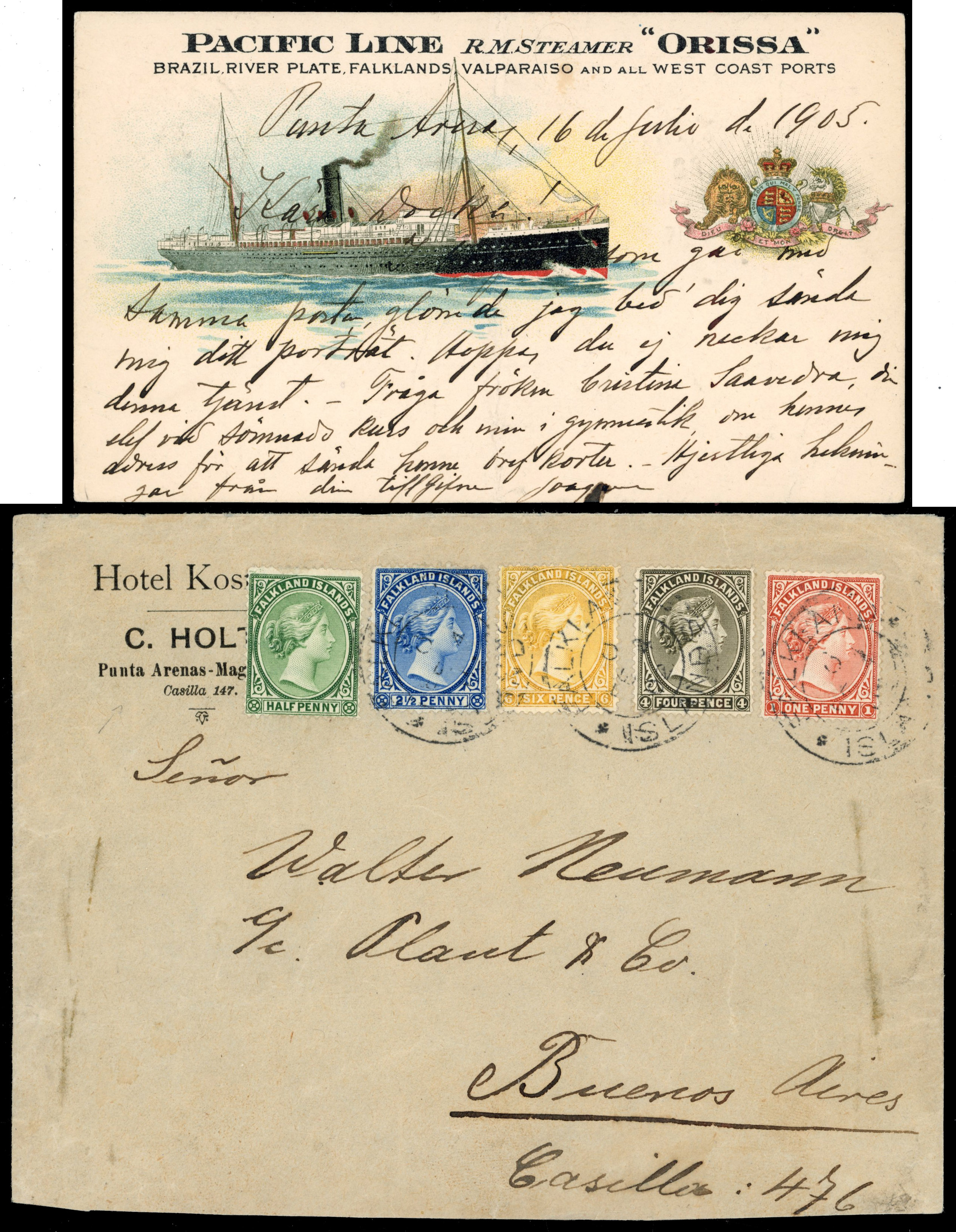 † Falkland Islands 1902 multi-franked cover to Buenos Aires