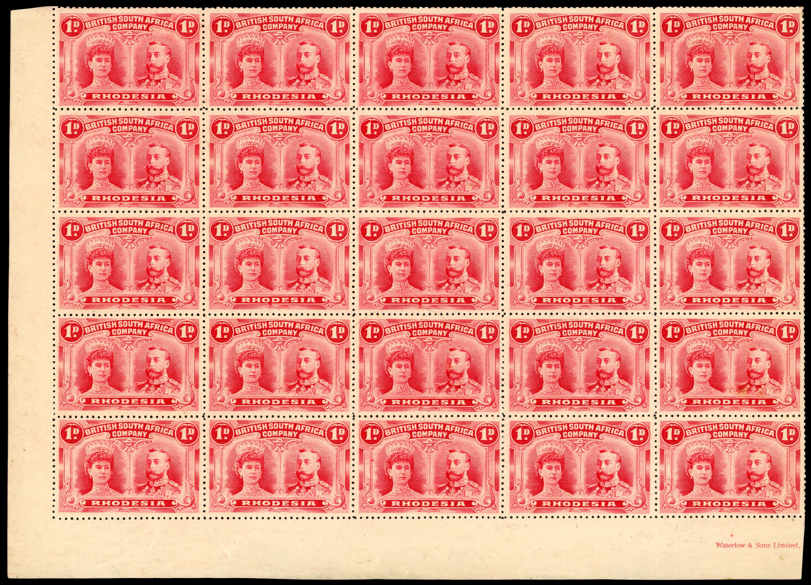 Rhodesia 1910-13 1d bright carmine perf 14 block of 25