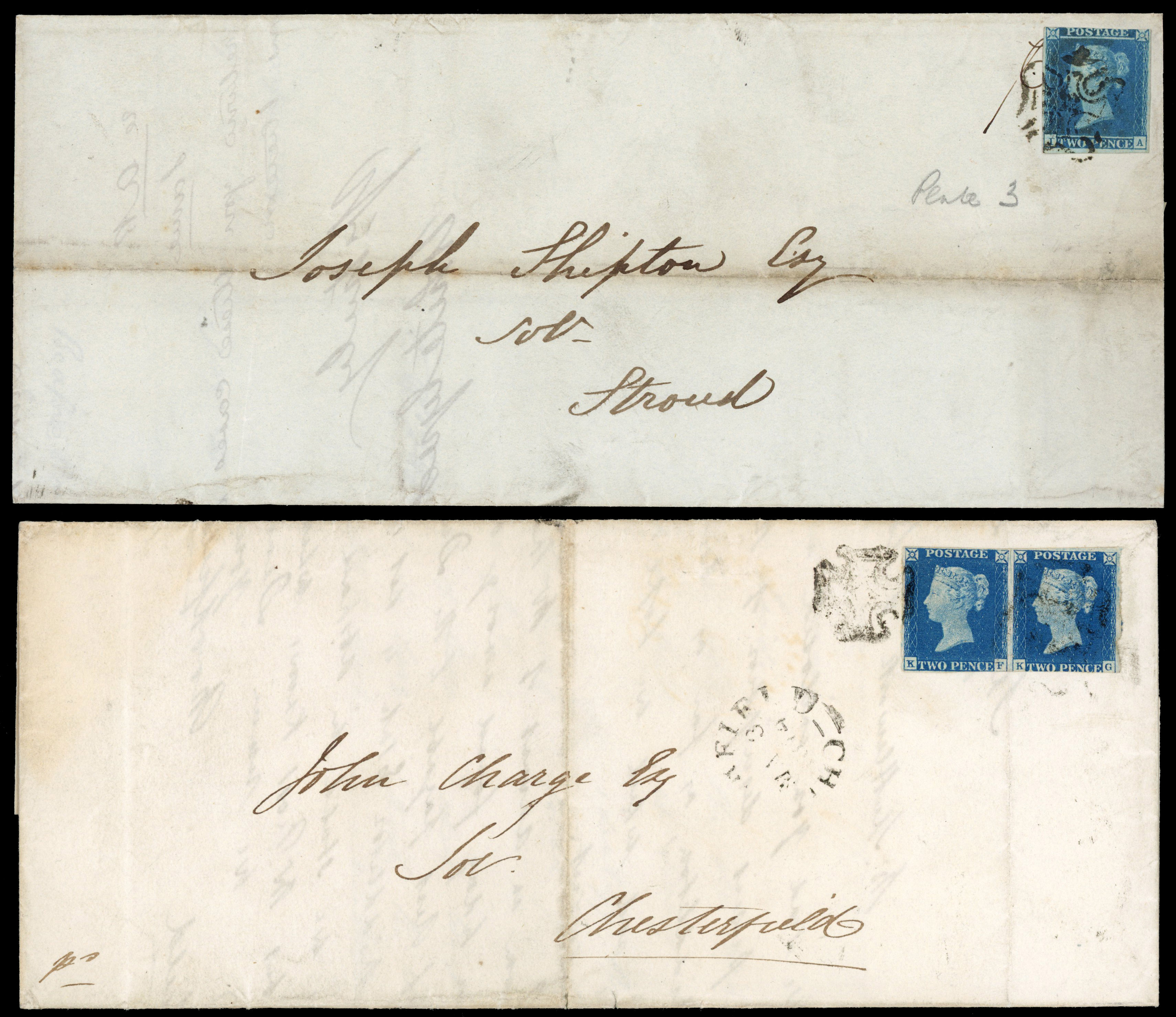1840 2d blue, plate 1 pair (KF-KG), touched to good margins, addressed locally within Chesterfield