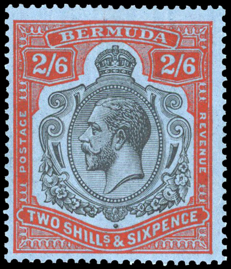 BERMUDA: 1931 2s6d black and scarlet-vermilion on deep blue, showing R5/12 ‘gash in fruit and leaf’ fine o.g. SG 89jg