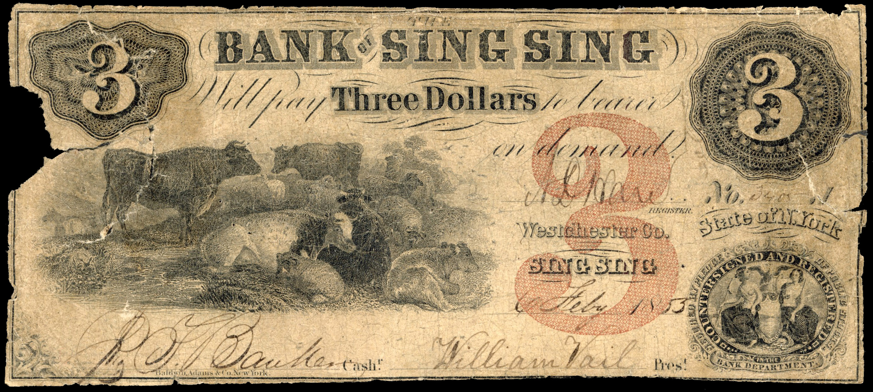 USA, NY. Sing Sing, Sing Sing Bank, Three Dollars, 6 Feb. 1853. Poor, damaged and repaired on both right and l…