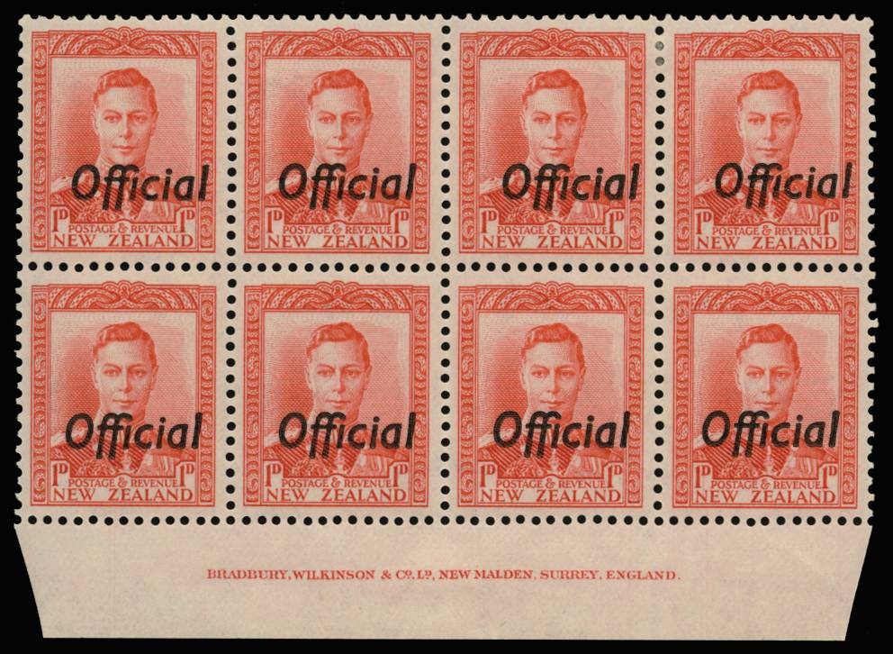 NEW ZEALAND SGO136 1938-51 1d SCARLET IMPRINT BLOCK O.G.