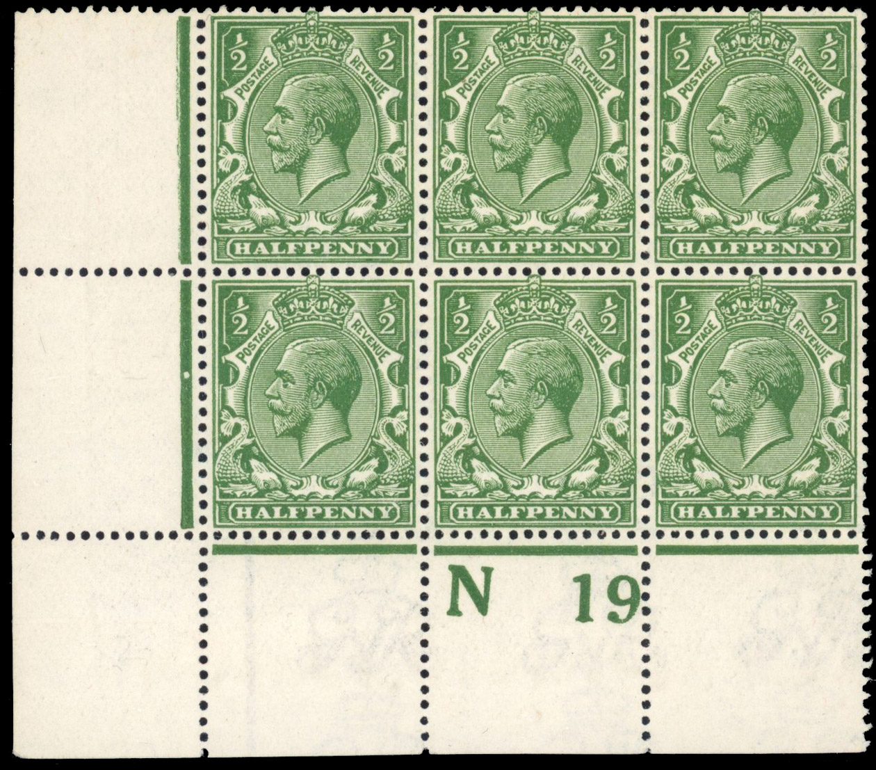 GB 1912-24 ½d deep yellow-green Control block mint