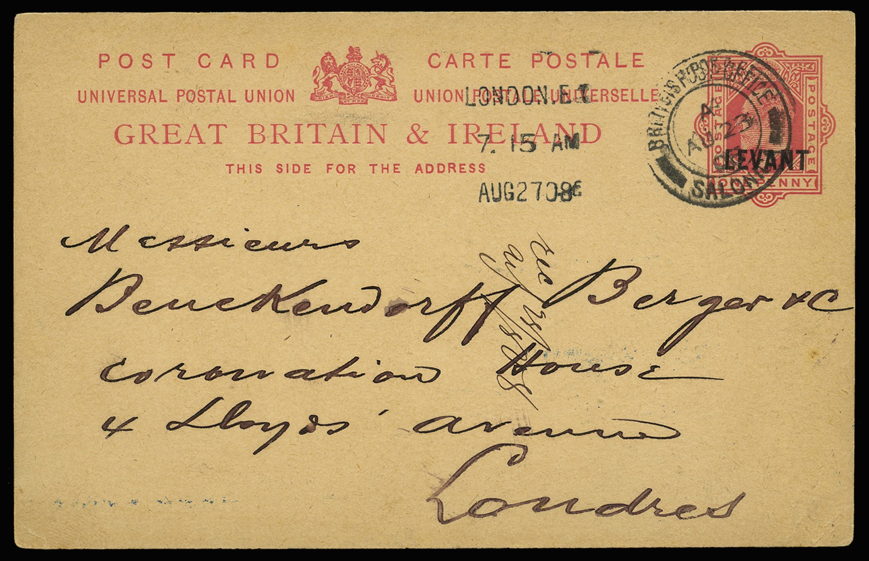 1908 (AU 23) Great Britain 1d carmine postcard...