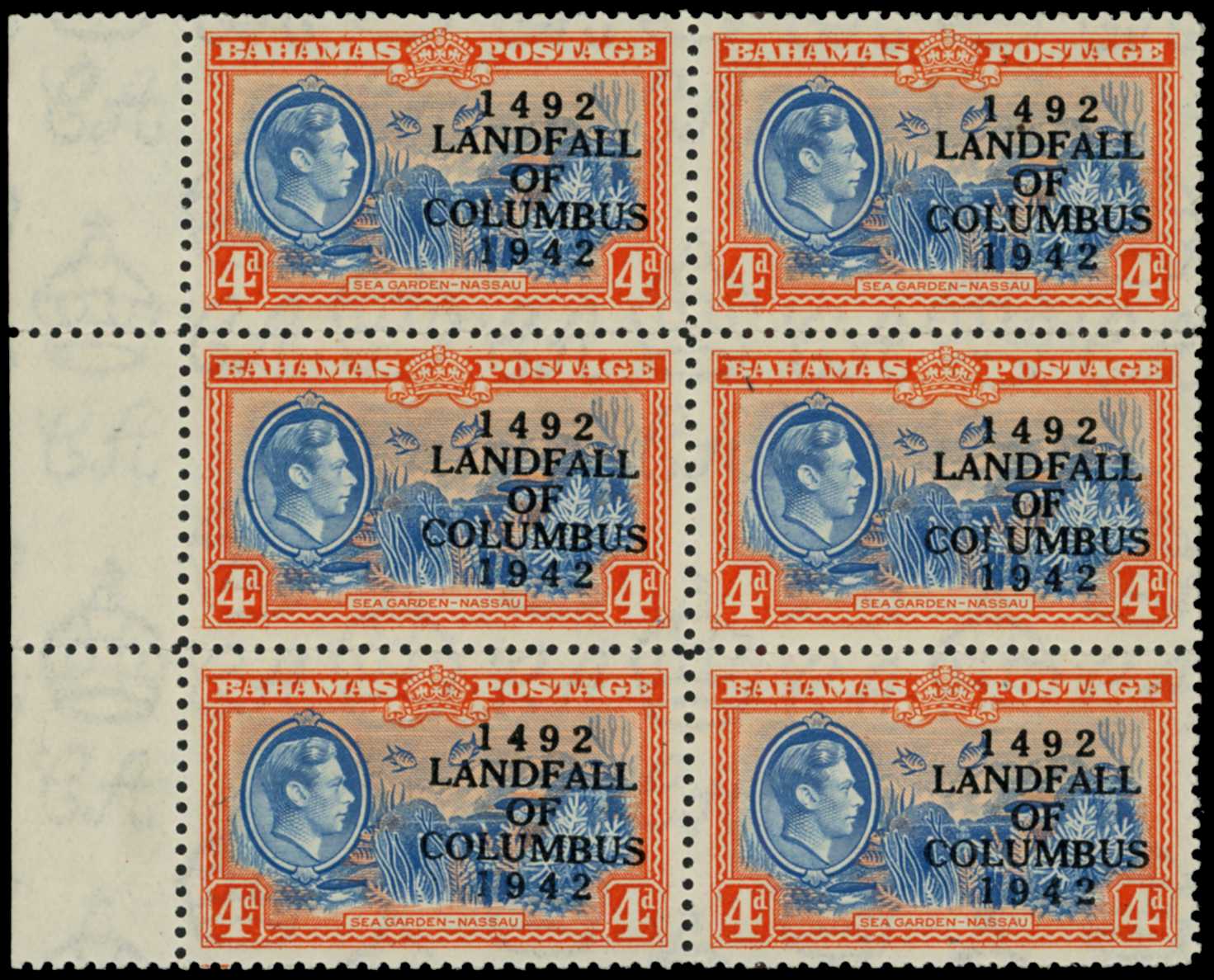 Bahamas 1942 4d Columbus Landfall 'COIUMBUS' variety in block of 6