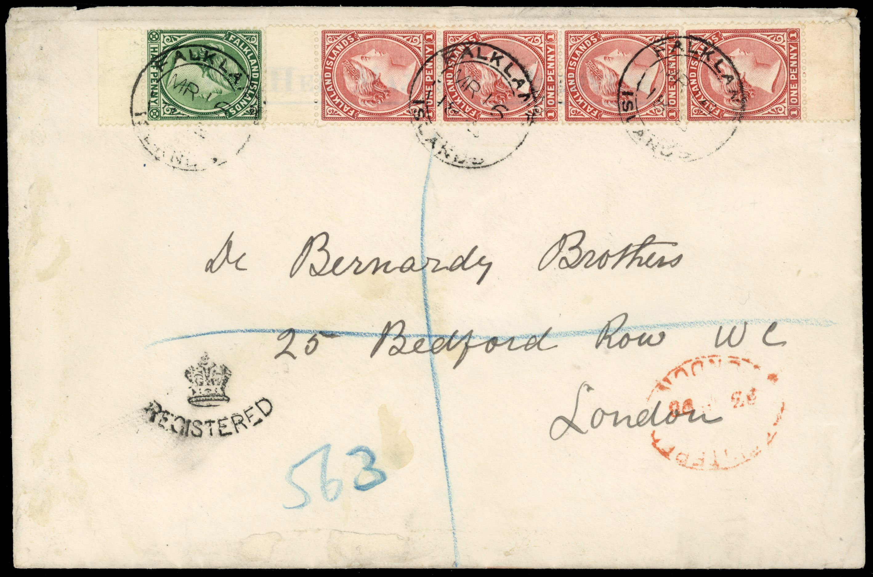 † Falkland Islands 1898 cover SG17, 22 4½d rate to London