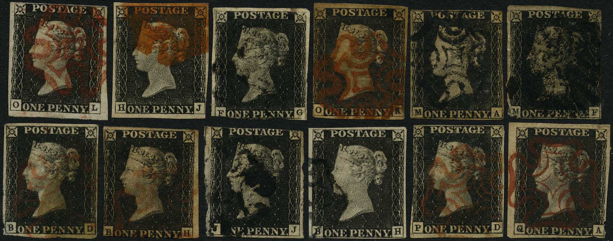 UNPLATED: 1840 1d black, twelve used...