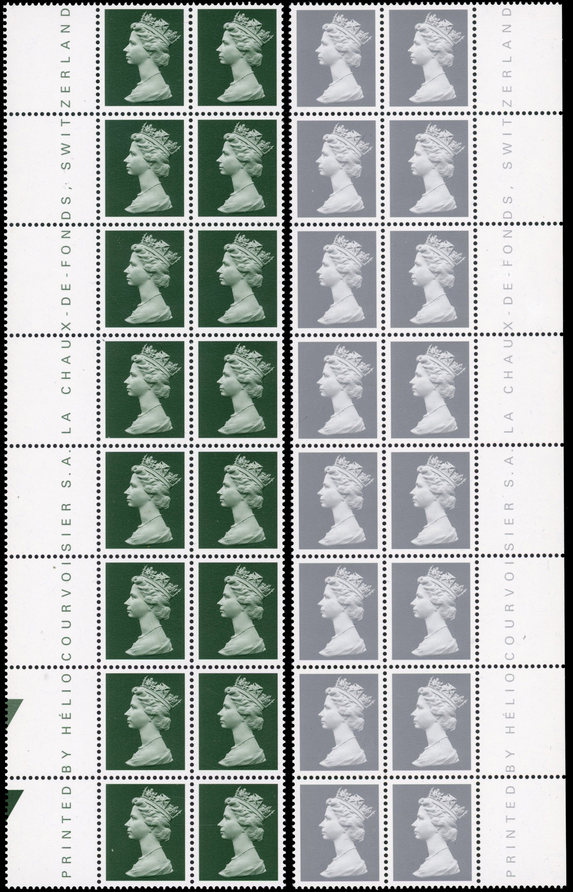 GB SG Y1668, 1693 1997 Swiss Courvoisier 'no value' trials in deep green and grey