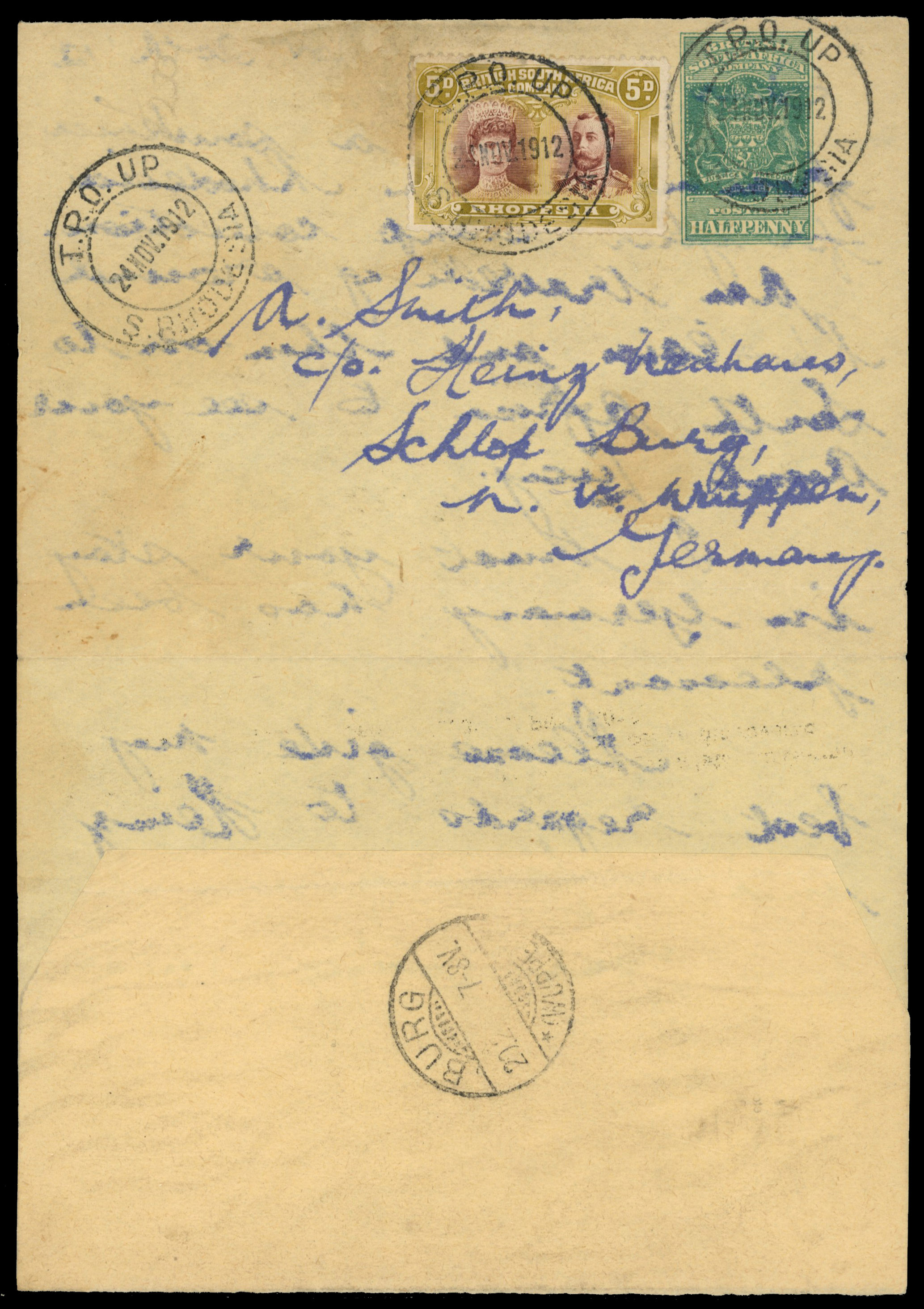 5d purple-brown and olive-yellow, on ½d wrapper used as a letter to Germany