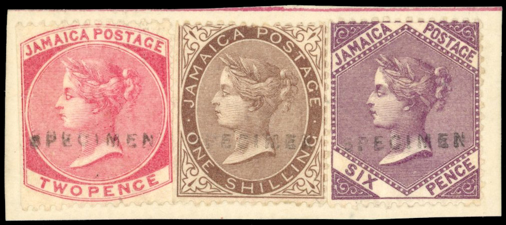 Jamaica 1860-70 2d rose, 6d lilac, 1s brown h/s "SPECIMEN" (Samuel type D8), SG 2s, 5s, 6s.