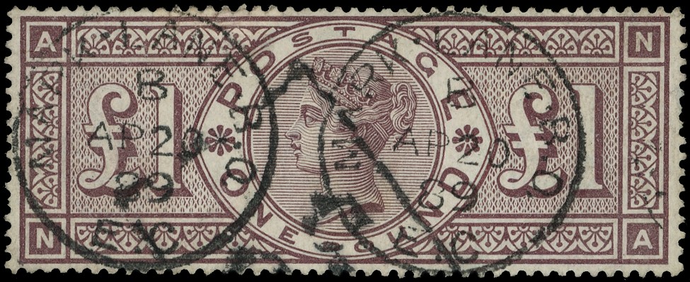 1888 Wmk three orbs £1 brown lilac (NA) used, cancelled by two strikes from Mark Lane B.O....