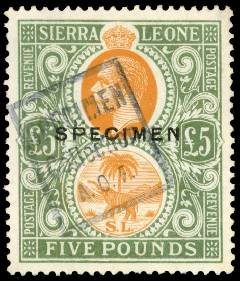 Sierra Leone SG 148s £5 Specimen with archival handstamp