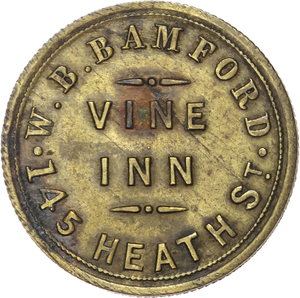 Lot of 5 coins - West Mids. Sandwell Oldbury , Travellers Rest, 3d. 27mm. S Sherwood, triangular cancellation at...