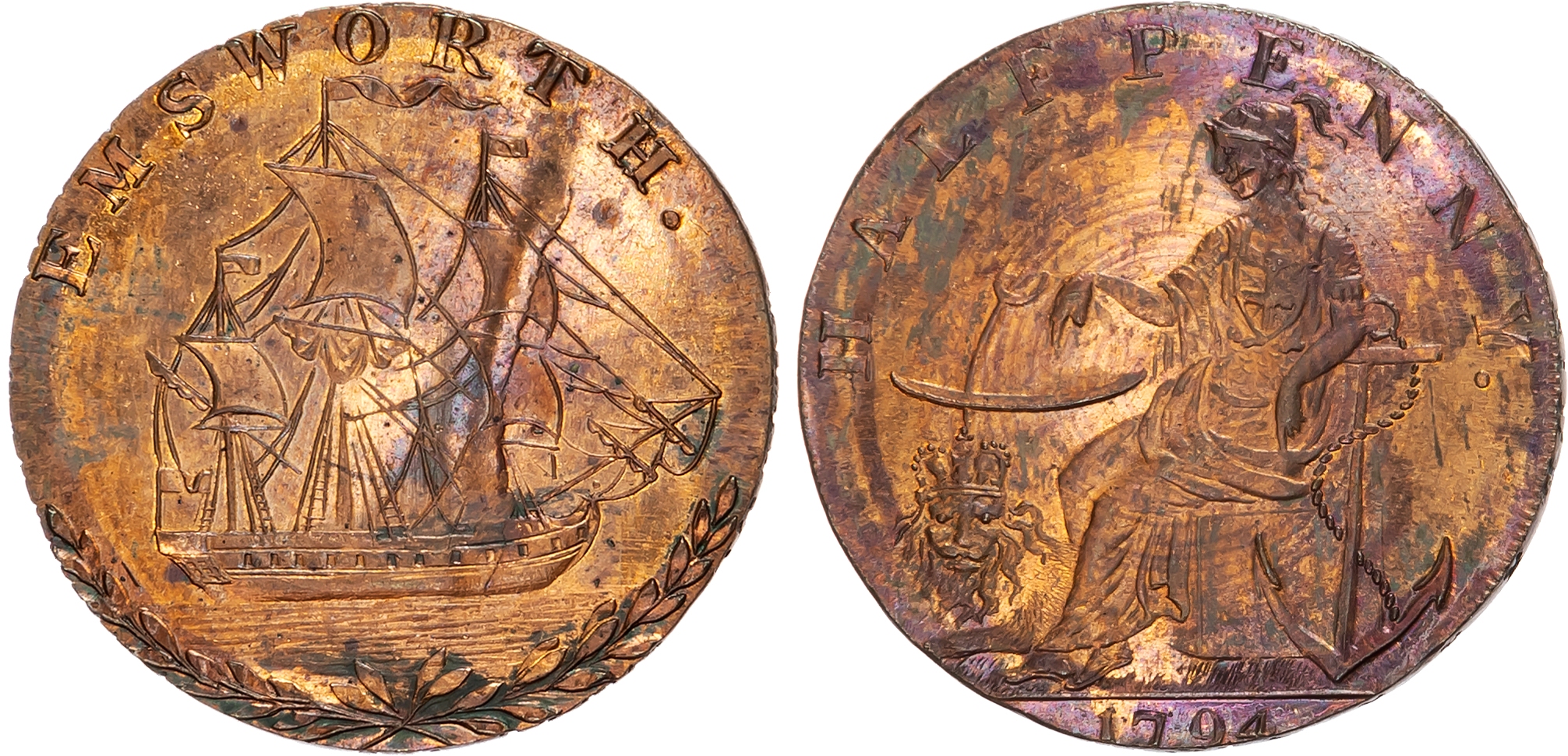 Hants. Emsworth, John Stride (Grocer & Tea-dealer) Halfpenny 1794, Sailing ship right, rev. Britannia with anchor seate …