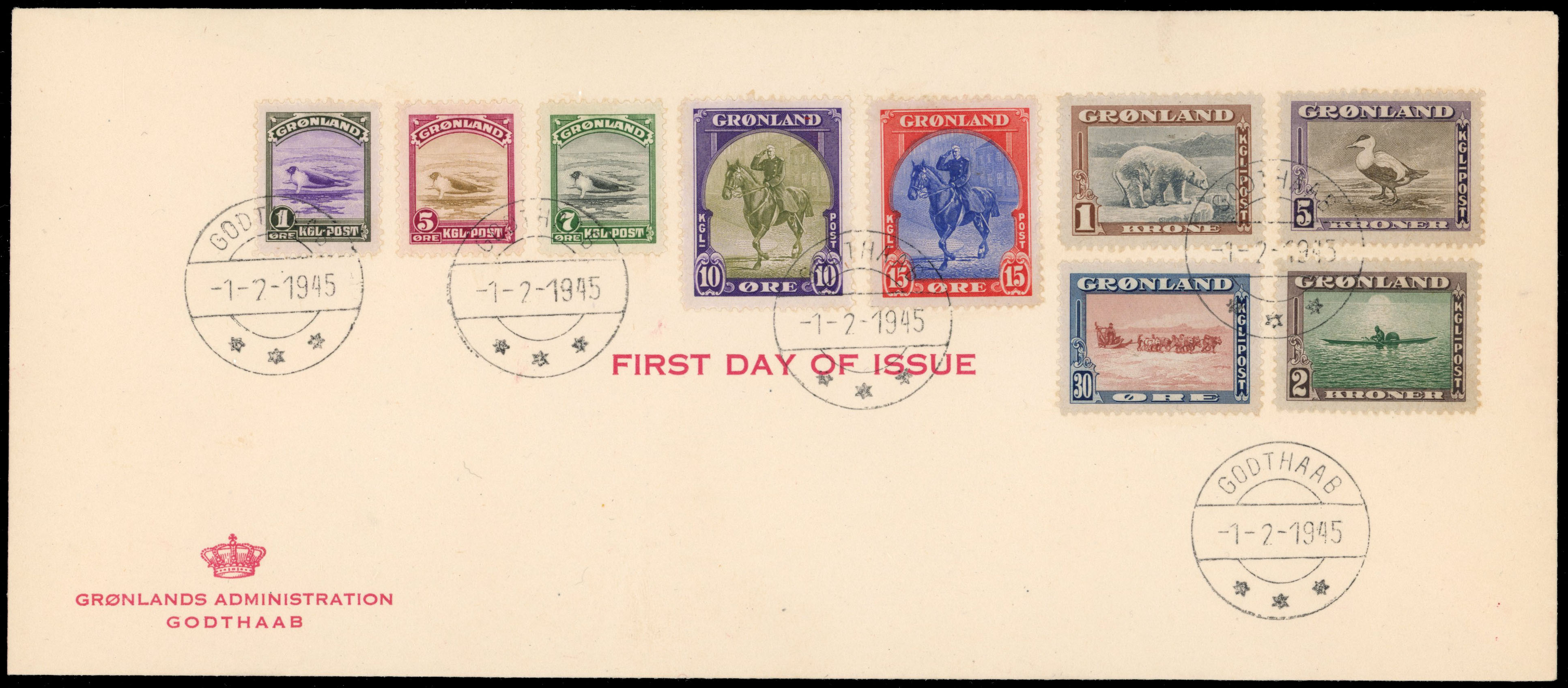 † Greenland 1945 set to 5kr used on FDC, SG 8/16.
