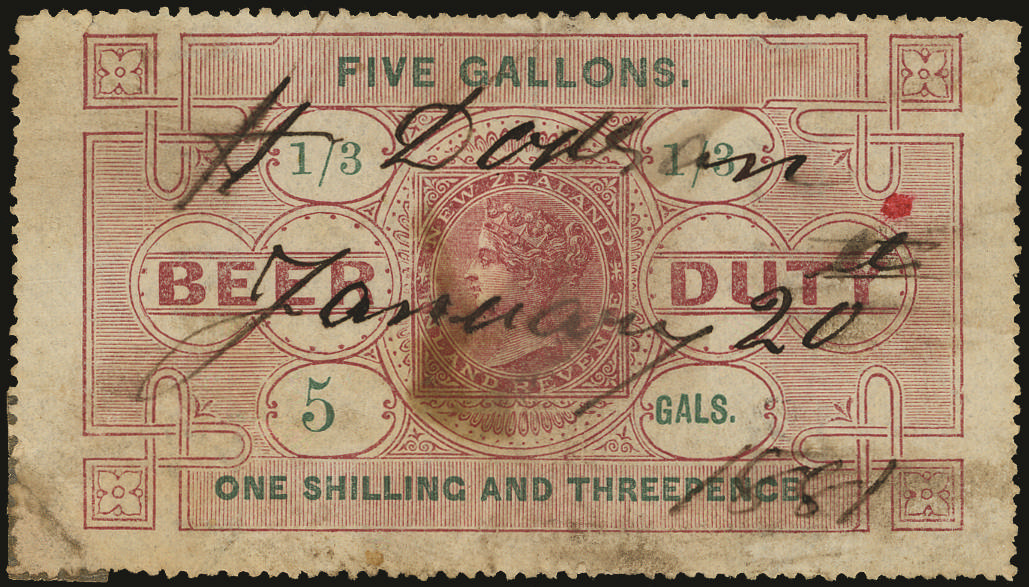 NEW ZEALAND 1880 Revenue Beer Duty: Second Issue 1s3d rose and green fine used