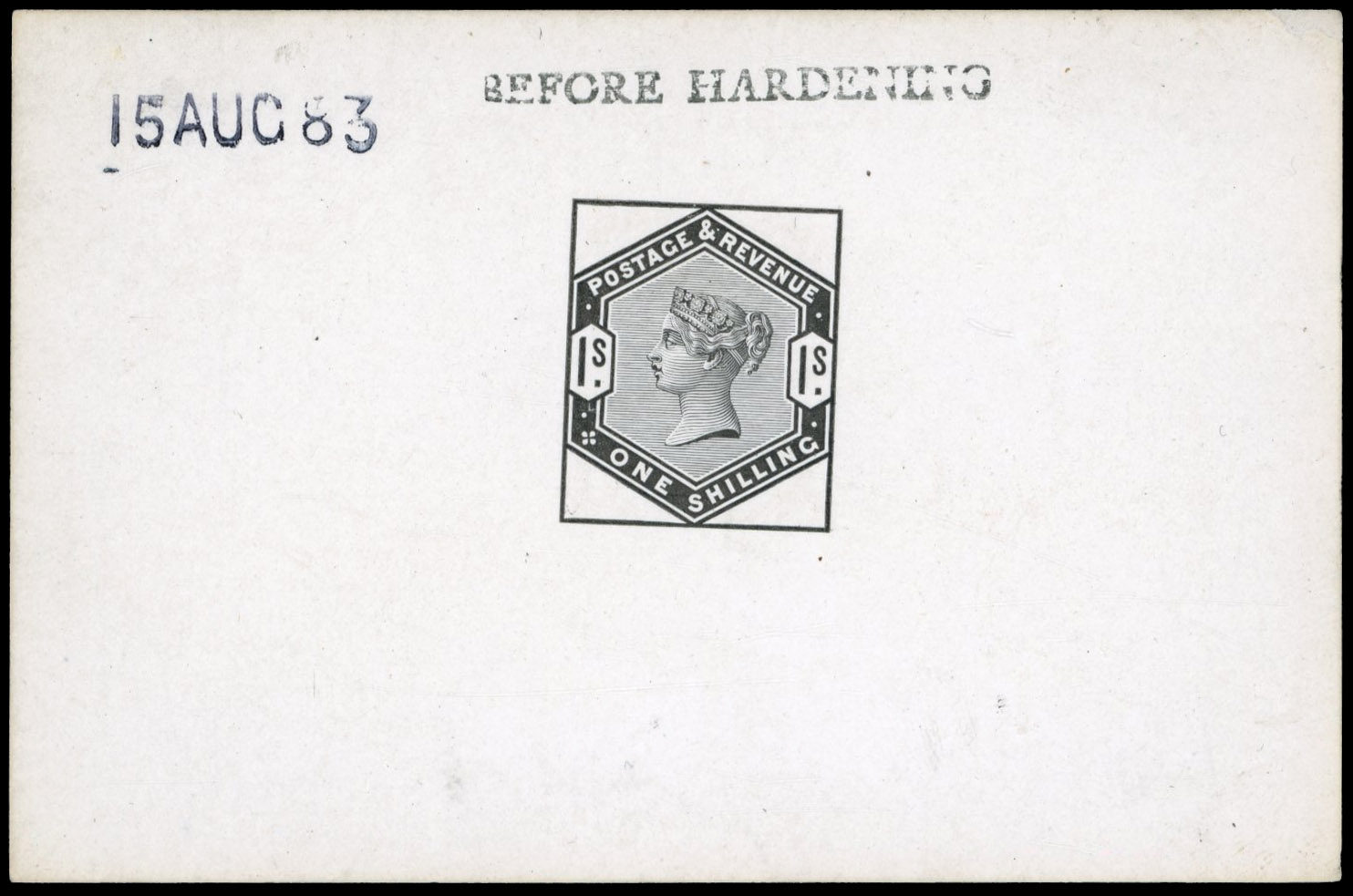 GB 1883-84 1s die proof, printed in black on white glazed card, For SG 196