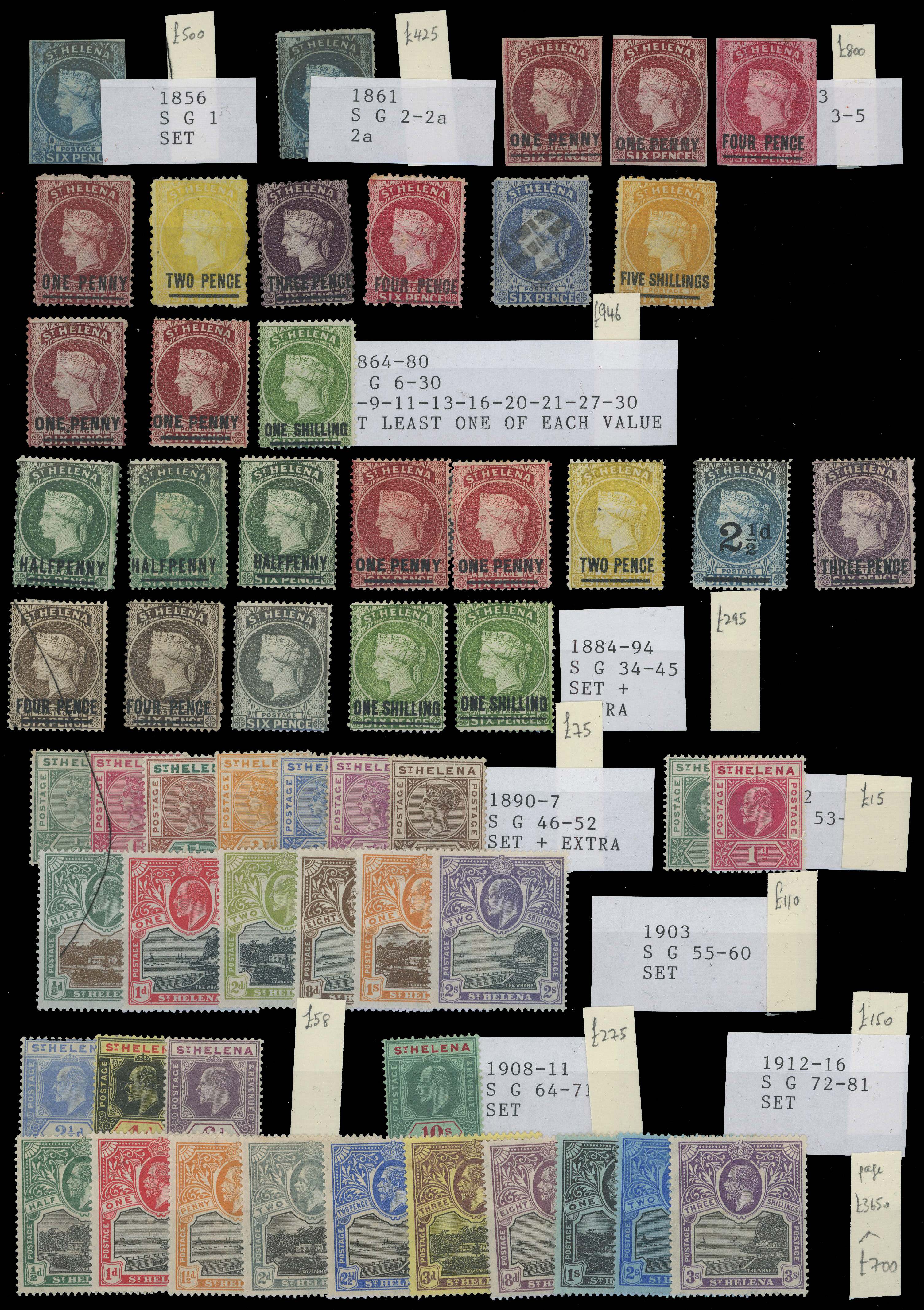 ST HELENA: 1856 to 1935 mint on stockcards including 1856 6d, 1861 6d rough perf, 1863 1d lake (2) and 4d, 1864-80 values