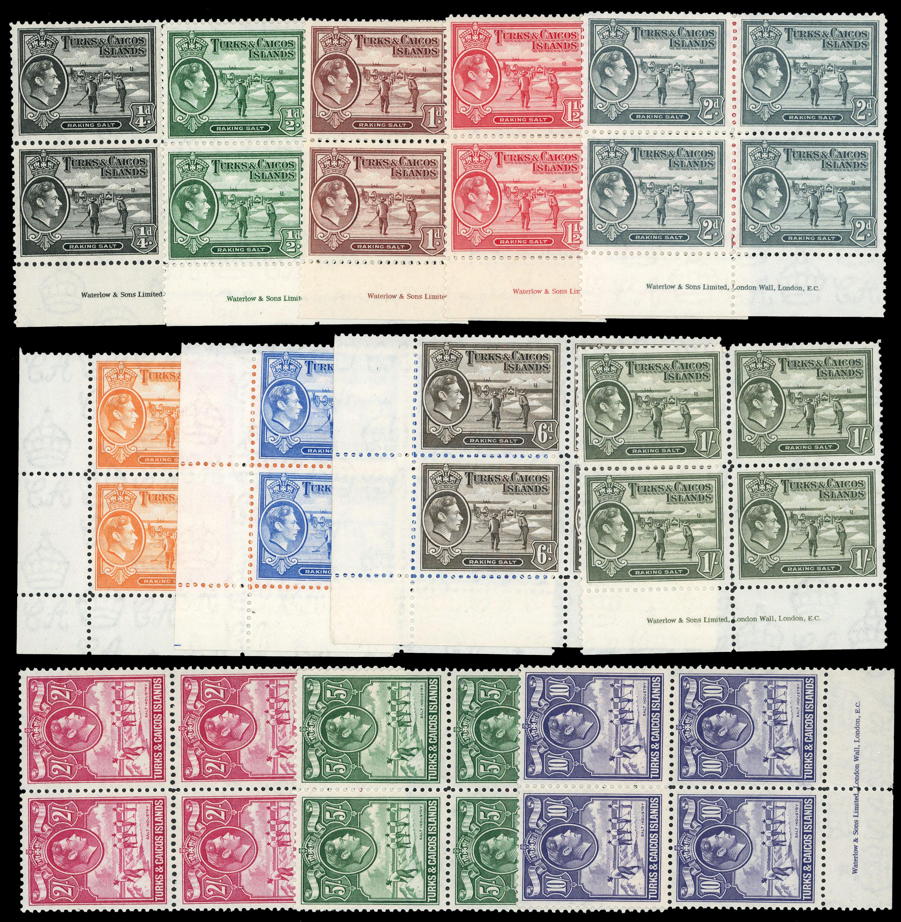 1938-45 set of twelve to 10s, all in mint marginal imprint blocks of four