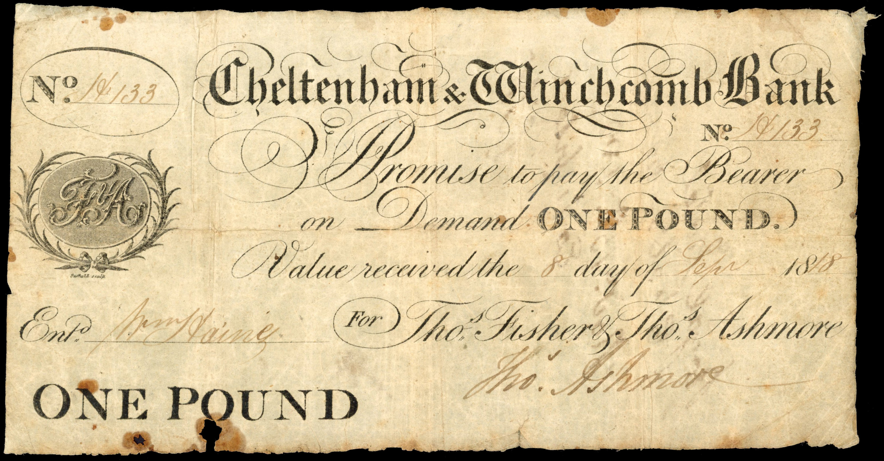 CHELTENHAM, WINCHCOMB, Cheltenham & Winchcomb Bank, for Thos Fisher & Thos Ashmore, £1.,8 September 1818, seri…